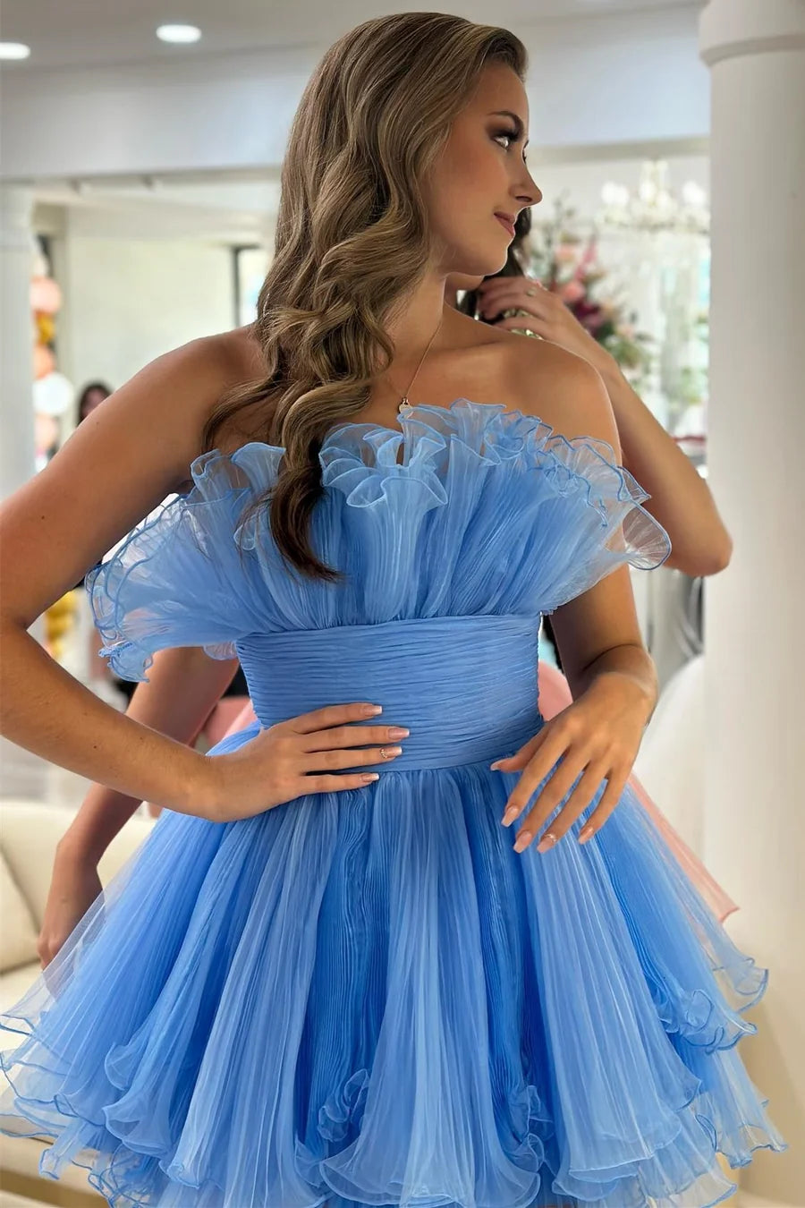 Light Blue Strapless Pleated Tulle Short Homecoming Dress with Ruffles SH7802