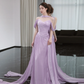 Gentle Purple A Line Off the Shoulder Pleated Satin Prom Dress Evening Dress SH4214
