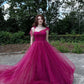 Jewel Cerise A Line Spaghetti Straps Sequin Tulle Long Prom Dress Date Dress SH7014