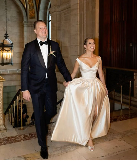 Simple A Line V Neck White Satin Prom Dress Wedding Dress with Slit SH4661