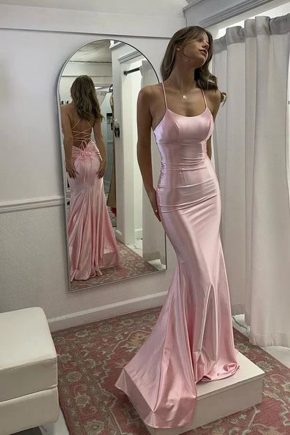 Stylish Mermaid Spaghetti Straps Pink Long Prom Dress with Criss Cross Back SH8316