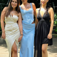 Elegant Blue Sheath Straps Corset Satin Long Prom Dress Evening Dress SH1849