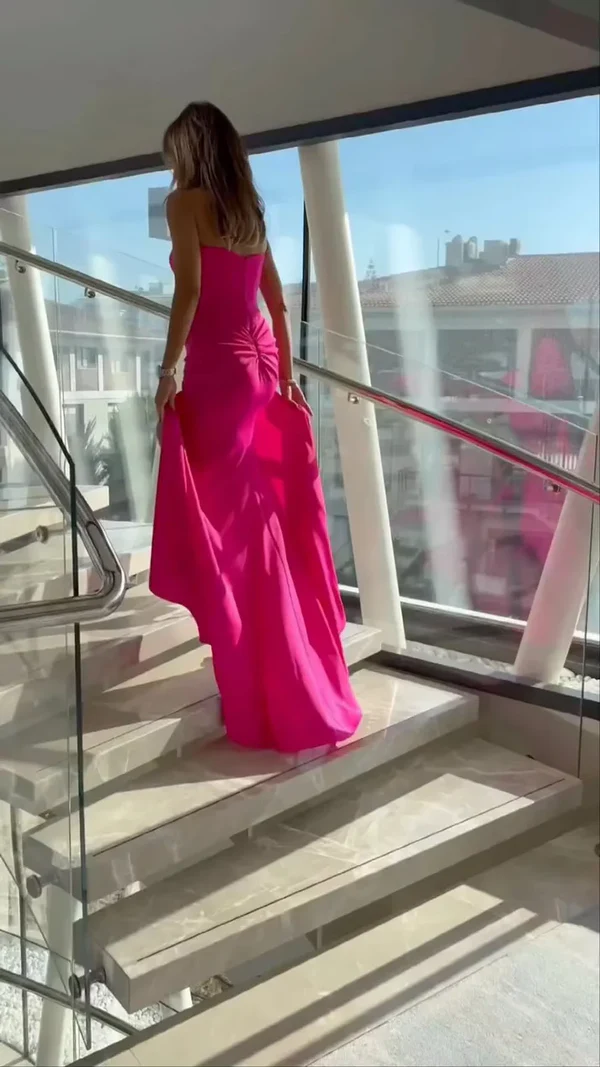 Sexy Hot Pink Mermaid Slit Pleated Long Party Prom Dress Evening Dress SH1480