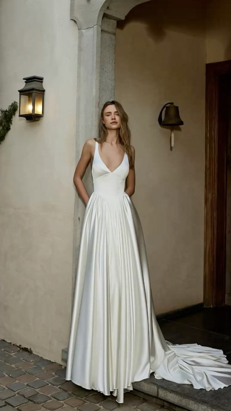 Pretty A Line V Neck White Simple Satin Long Train Wedding Dress SH7266