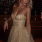 Shiny Gold Ball Gown Sweetheart Neck Print Floral Tulle Prom Dress Evening Dress SH7209