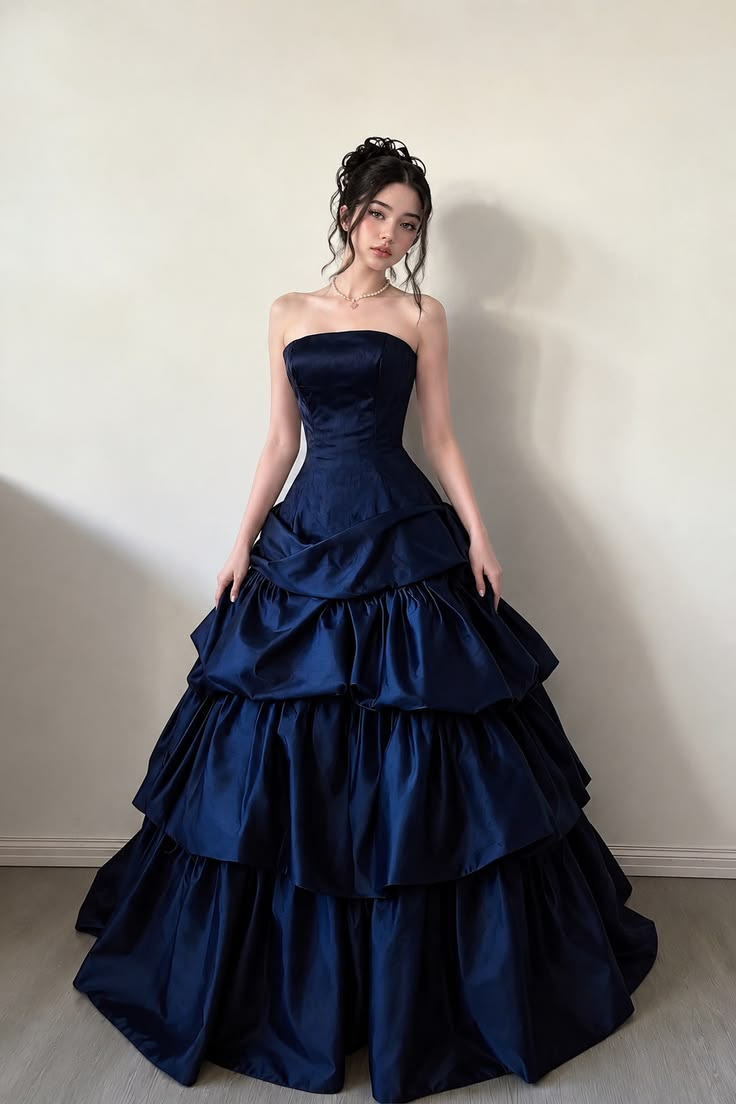 Simple Ball Gown Strapless Layered Navy Blue Satin Prom Dress Evening Dress SH6908