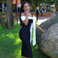 Classic Black White Sheath Off the Shoulder Satin Tea Length Evening Dress Party Dress with Bow SH3786