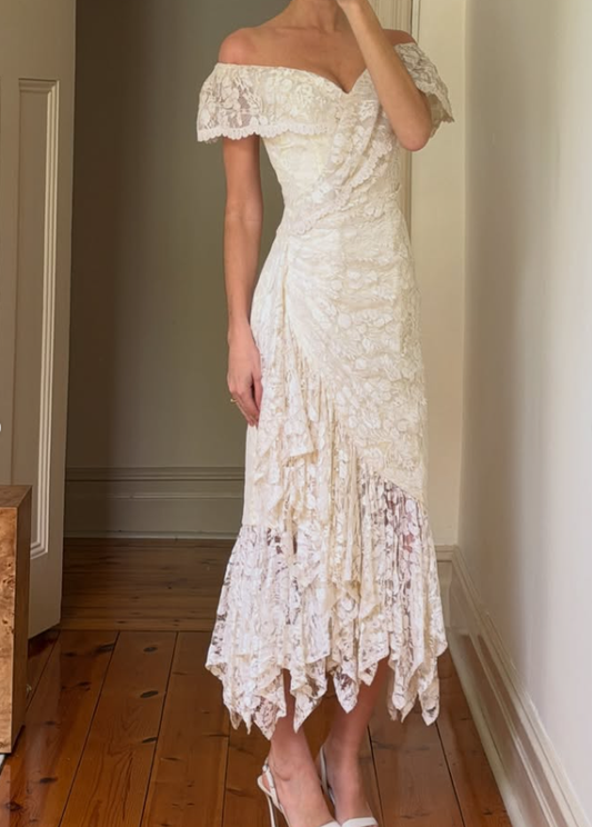 Vintage Sheath Off the Shoulder Ivory Lace Prom Dress Wedding Dress SH8461