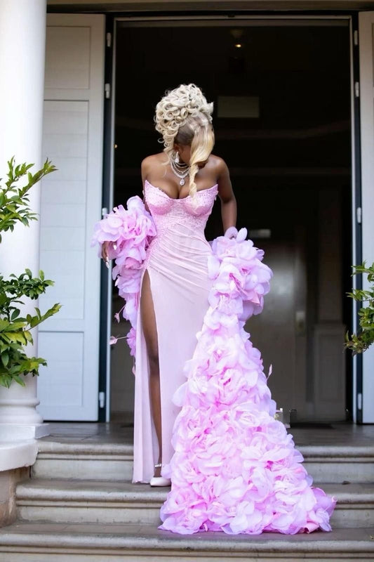 Stunning Sheath Strapless Beaded Satin Long Prom Dress Party Dress with Slit SH3879