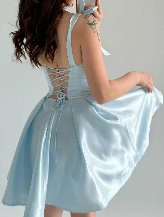 Baby Blue A Line Bow Straps Satin Short Prom Dress Homecoming Dress SH6009