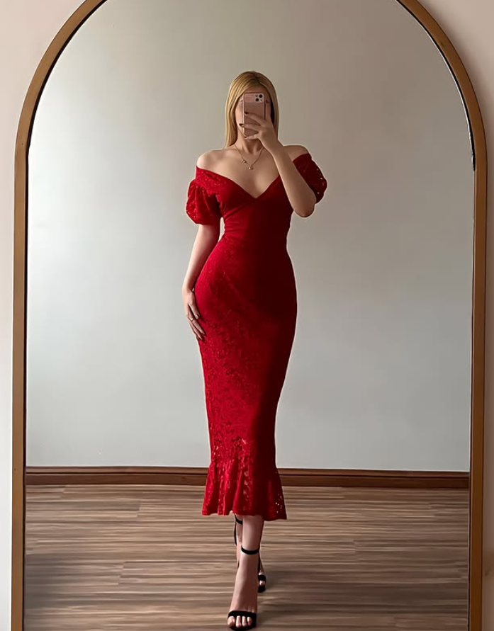 Vintage Red Sheath Puff Sleeve Lace Prom Dress Evening Dress SH6982