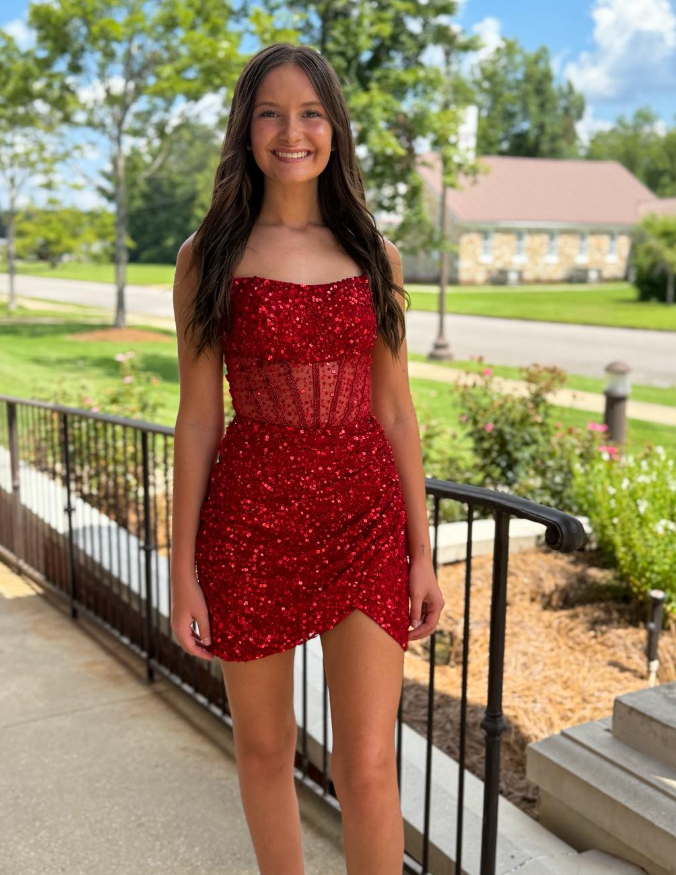 Sexy Red Sheath Strapless Corset Sequin Short Prom Dress Homecoming Dress SH6592
