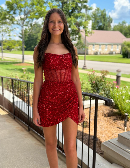 Sexy Red Sheath Strapless Corset Sequin Short Prom Dress Homecoming Dress SH6592