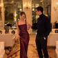 Elegangt Burgundy Sheath Straps Pleated Satin Long Prom Dress Wedding Guest Dress SH5396