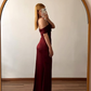 Vintage A Line Off the Shoulder Simple Burgundy Satin Prom Dress Evening Dress SH6962