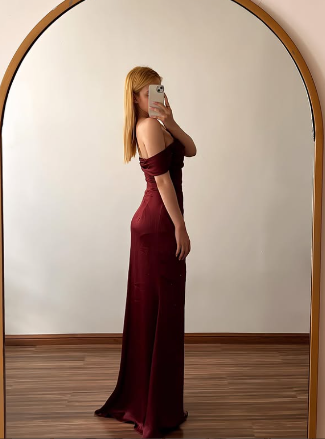 Vintage A Line Off the Shoulder Simple Burgundy Satin Prom Dress Evening Dress SH6962