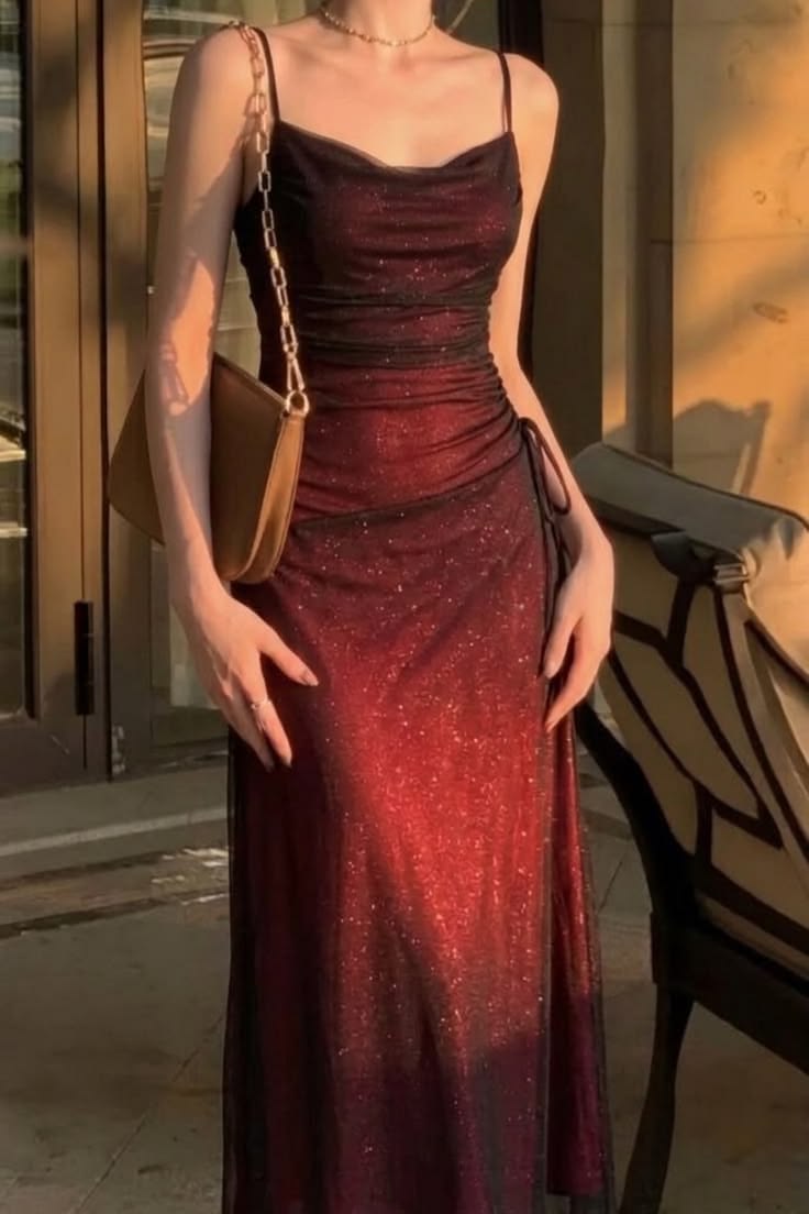 Stunning A Line Spaghetti Strap Red Satin Black Tulle Long Prom Dress Evening Dress SH6949