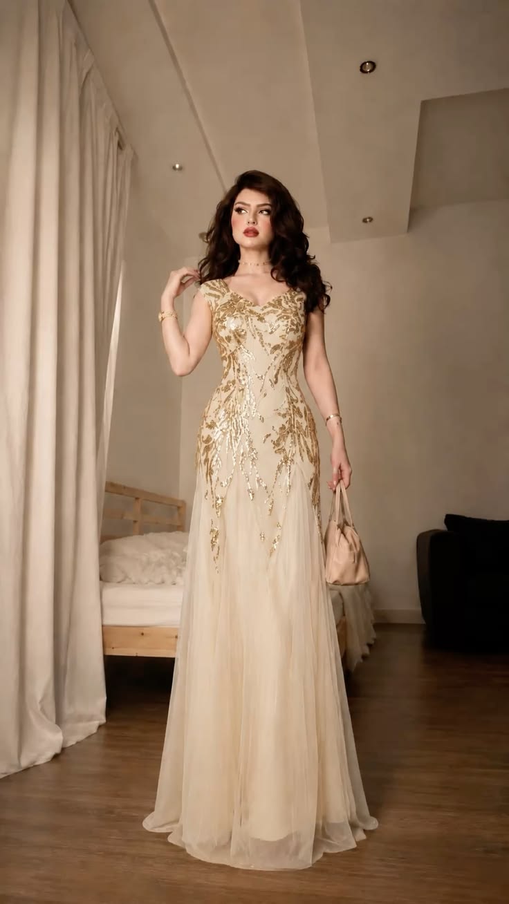 Shiny Gold Sequin A Line V Neck Tulle Long Prom Dress Evening Dress SH7056