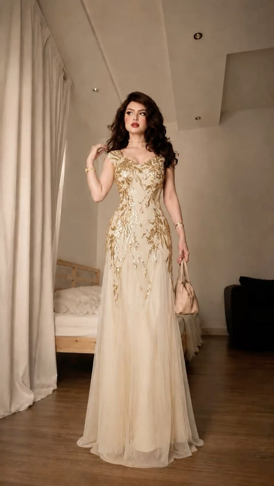 Shiny Gold Sequin A Line V Neck Tulle Long Prom Dress Evening Dress SH7056
