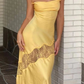 Sexy Satin Lace Splicing Long Evening Dress Yellow Prom Dress SH971