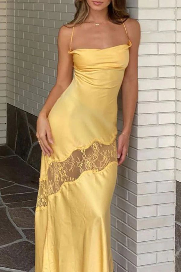 Sexy Satin Lace Splicing Long Evening Dress Yellow Prom Dress SH971