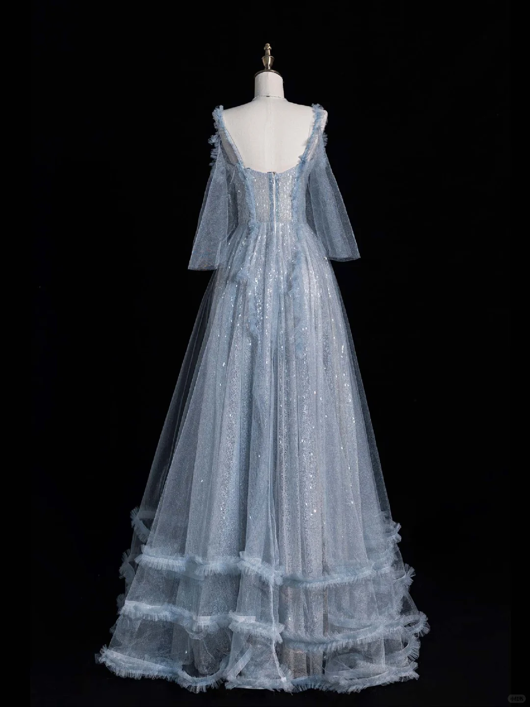 Shiny A Line Spaghetti Strap Blue Tulle Silver Sequin Long Evening Dresses Party Dresses SH2675