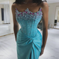 Gorgeous Sheath Strapless Pearl Beaded Blue Satin Prom Dress Evening Dress with Slit SH2275