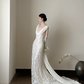 Retro Mermaid V Neck White Lace Chiffon Long Prom Dress Wedding Dress SH3963
