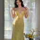 Gorgeous Yellow Spaghetti Strap A Line Chiffon Beaded Long Prom Dress SH2901