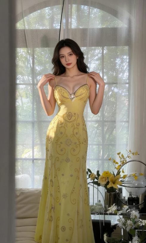 Gorgeous Yellow Spaghetti Strap A Line Chiffon Beaded Long Prom Dress SH2901