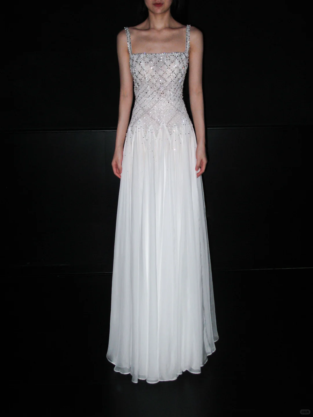 Shiny Exquisite Beaded Sequin A Line Straps White Chiffon Long Wedding Dress SH6628