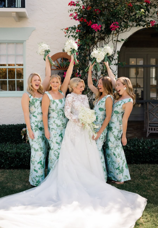 Green Print Floral Sheath V Neck Satin Long Bridesmaid Dress SH6306