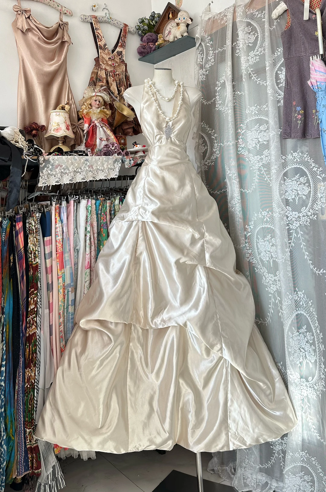 Ivory A Line Halter Beaded Satin Open Back Prom Dress Evening Dress SH5621