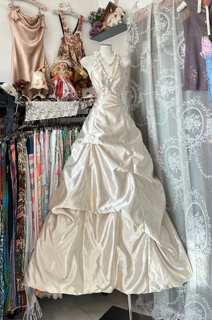 Ivory A Line Halter Beaded Satin Open Back Prom Dress Evening Dress SH5621