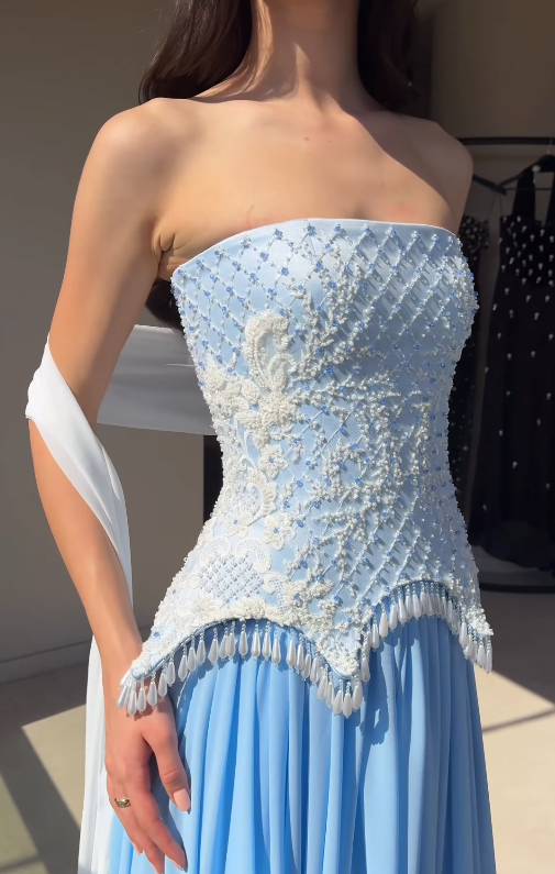 Beautiful Blue A Line Strapless Exquisite Beaded Chiffon Long Prom Dress Evening Dress SH6750