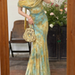 Unique Blue-green Ombre Mermaid Print Floral Chiffon Prom Dress Evening Dress SH6768