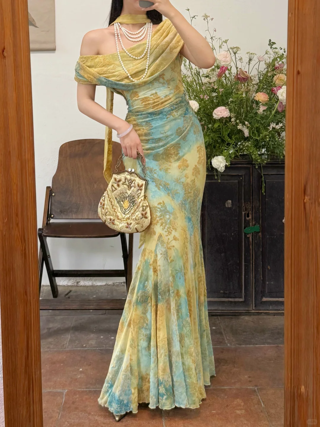 Unique Blue-green Ombre Mermaid Print Floral Chiffon Prom Dress Evening Dress SH6768