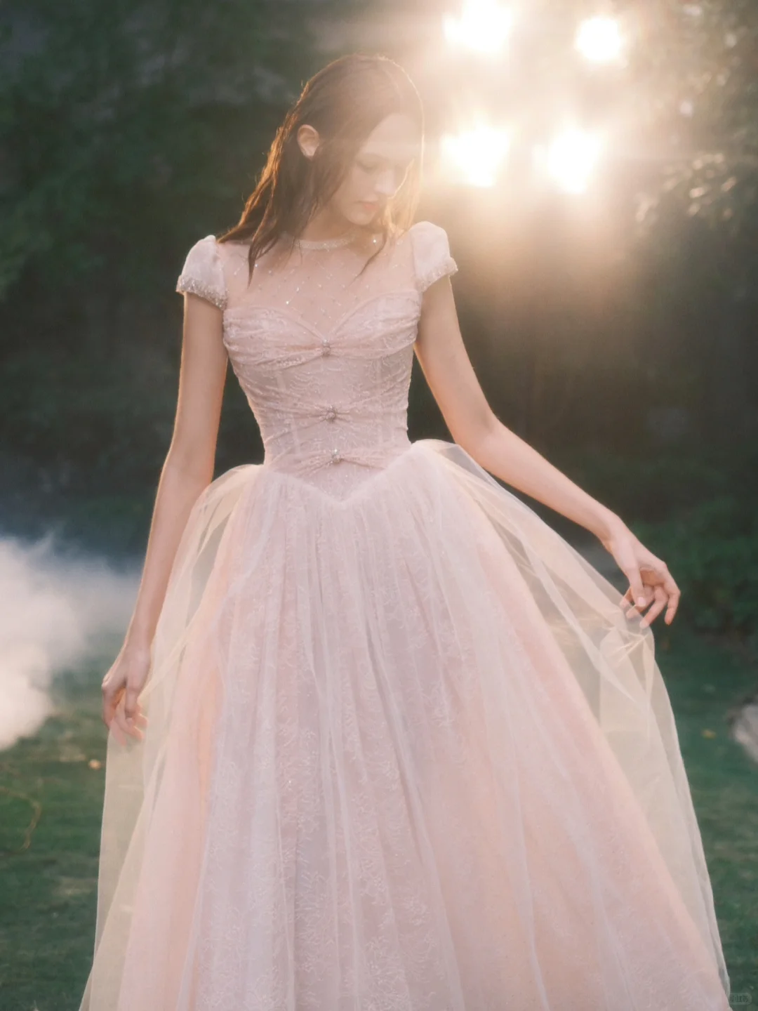 Princess A Line Round Neck Beaded White Lace Tulle Long Prom Dress Evening Dress SH3317