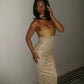 Shiny Sheath Strapless Long Yellow Sequin Satin Party Dresses Prom Dresses SH2898