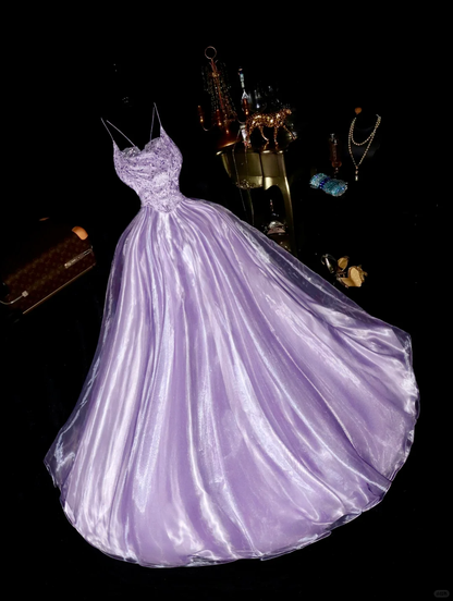 Purple GLamorous Ball Gown Straps Embroidery Organza Prom Dress SH5482