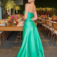 Elegant A Line Strapless Green Satin Long Prom Dress Evening Dress SH2072