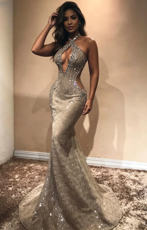 Halter Open Back Long Prom Dresses Cheap Shiny Beads Crystals Illusion Mermaid Formal Gowns R0001