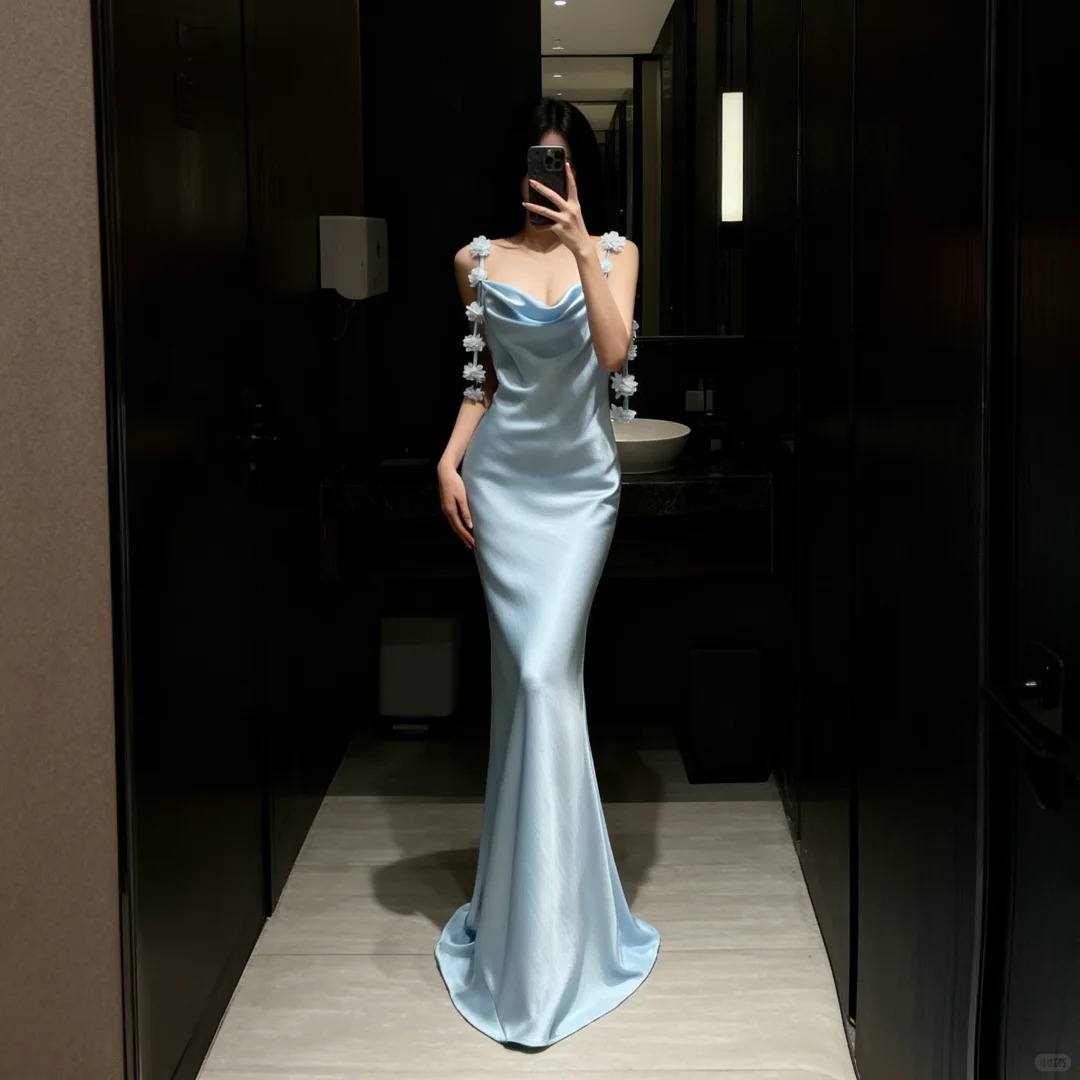 Gentle Blue Mermaid Spaghetti Strap Floral Satin Long Prom Dress Evening Dress SH5106