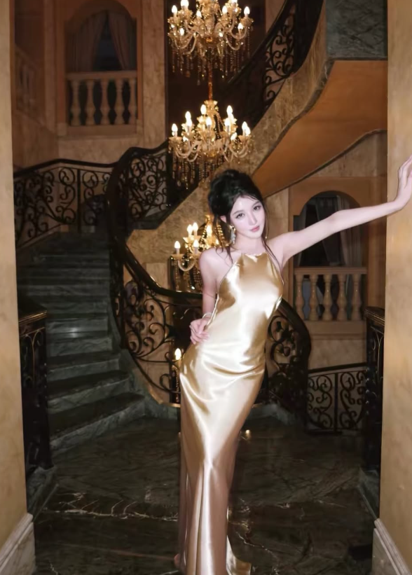Backless Champagne Sheath Spaghetti Strap Satin Long Prom Dress Evening Dress SH8786