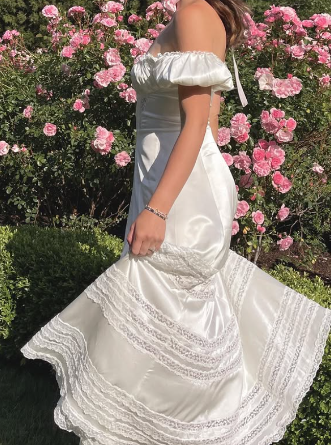 Simple A Line Off the Shoulder White Lace Satin Prom Dress Evening Dress SH4876