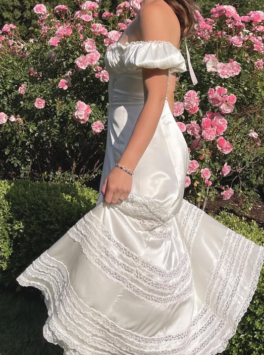 Simple A Line Off the Shoulder White Lace Satin Prom Dress Evening Dress SH4876