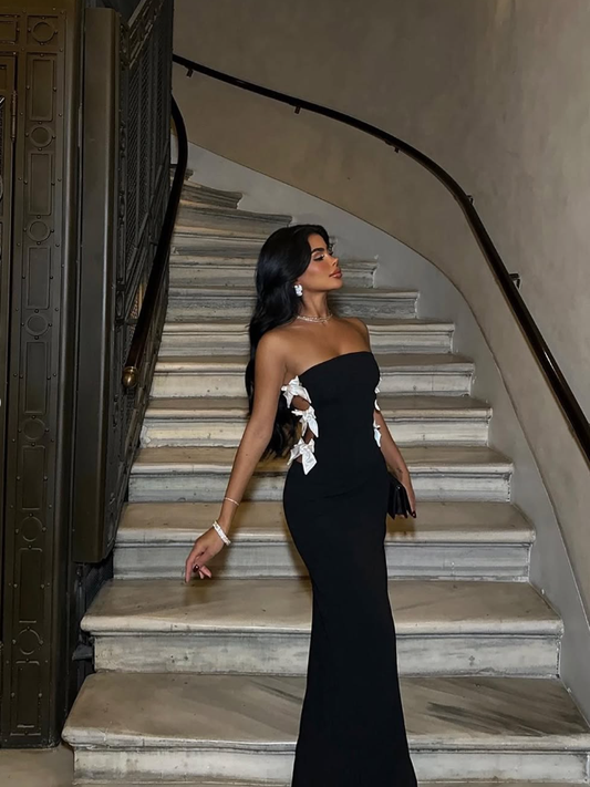 Elegant Mermaid Strapless Black Satin Long Prom Dress Evening Dress with Slit SH2140