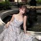 Blue A Line Sweetheart Neck Print Floral Satin Prom Dress 16th Birthday Dress SH3984