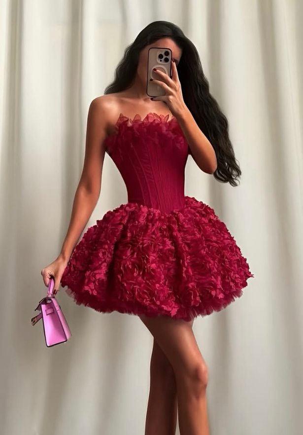 Hot Pink Floral Tulle A Line Strapless Corset Cocktail Dress Homecoming Dress SH6146