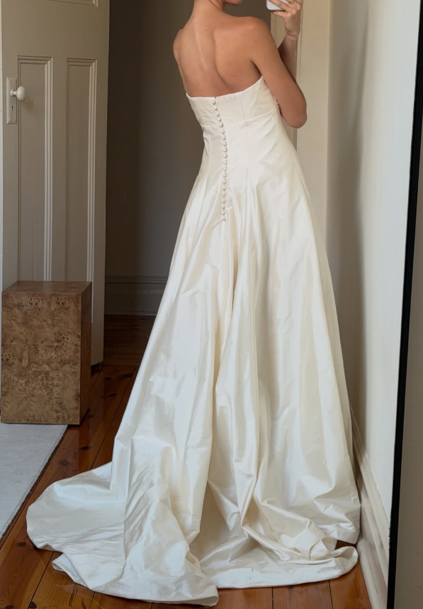 Vintage A Line Strapless Simple Ivory Satin Long Wedding Dress SH8476